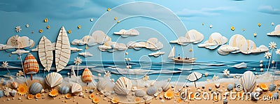 Seaside background with boats and seashells. Paper art style Ai generated Stock Photo