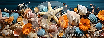 Seashells and Starfish on Wooden Background: Summer Holiday Concept Ai generated Stock Photo