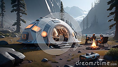 Capture the essence of a sci-fi camping experience with a wide-angle view featuring futuristic tech gadgets Stock Photo