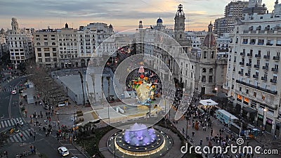 Fallas Festivities: Stunning Rooftop View of Plaza del Ayuntamiento at Sunset Editorial Stock Photo