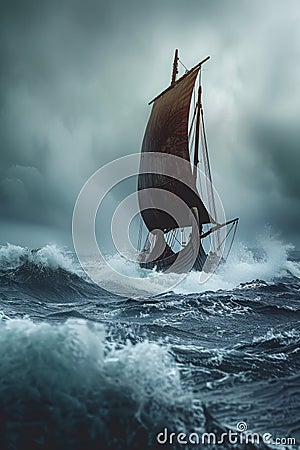 Capture the essence of Viking voyages through a dynamic wormseye view Show a fierce longship sailing through turbulent waters, Stock Photo