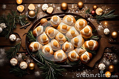 Capture the festive spirit with an appetizing display of bread buns arranged in the shape of a Christmas tree, accompanied by Stock Photo