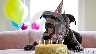 Capture the joy and excitement of a Staffordshire Bull Terrier's birthday celebration with this heartwarming photograph. Stock Photo