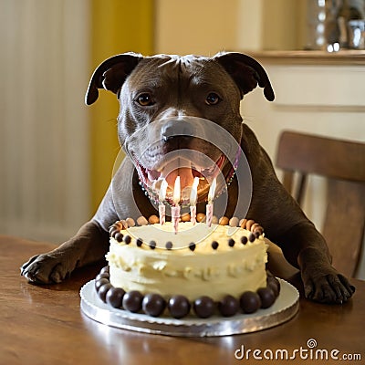 Capture the joy and excitement of a Staffordshire Bull Terrier's birthday celebration with this heartwarming photograph. Stock Photo