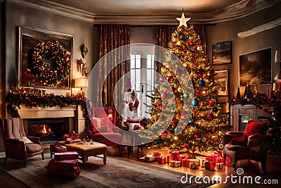 Capture the mesmerizing glow of a beautifully decorated Christmas tree, adorned with sparkling lights and colorful ornaments, Stock Photo