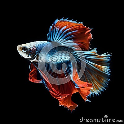 Capture the moving moment of red-blue siamese fighting fish isolated on black background. betta fish. Stock Photo