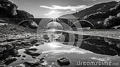 B&w Conceptual Photography Of Viandolfo's Ancient Stone Bridge At Sunset Stock Photo