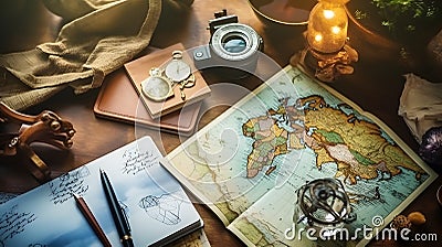 Snapshot of Adventure: Top-Down Travel Essentials Stock Photo