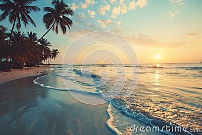 Serene Tropical Beach Sunset, AI Generated Stock Photo