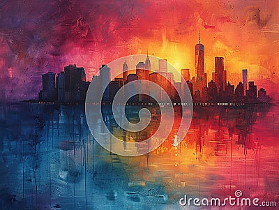 vibrant cityscape painting of new york city skyline at sunset with bold colors and a shimmering reflection on the water Stock Photo