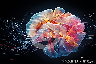 Captured in high definition, a futuristic brain radiates with pulsating colors, symbolizing the dynamic energy of artificial Stock Photo