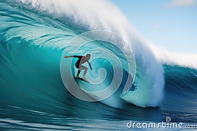Captured in this photo is a man skillfully riding a wave on top of a surfboard, showcasing his exceptional balance and talent, Stock Photo
