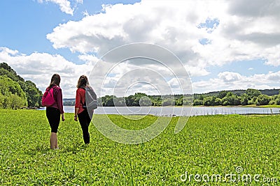 Mother and daughter, at Fewston Reservoir, Washburn, North Yorkshire, England. Editorial Stock Photo