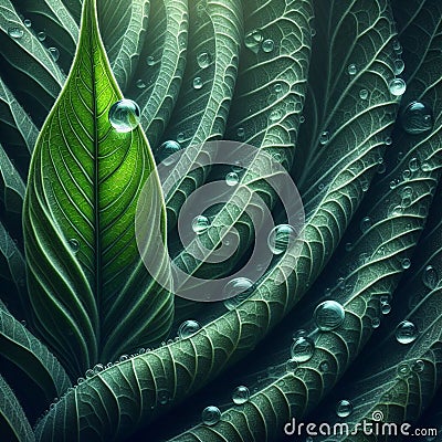 capturing the beauty of green leaves adorned with dewdrops Stock Photo