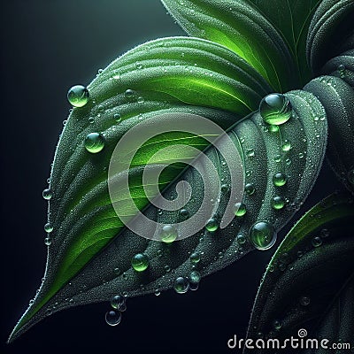 capturing the beauty of green leaves adorned with dewdrops Stock Photo