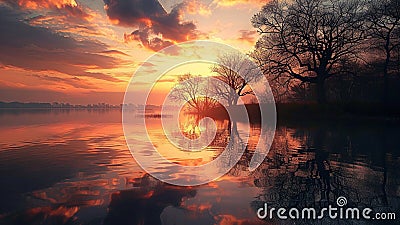 Capturing Dreamy Romance Sunset Reflections in Water Stock Photo