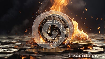 Bitcoin currency with fire superimposed on banknotes Stock Photo