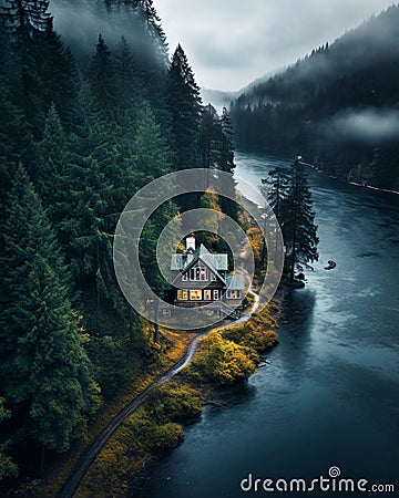 Summer Serenity: Lakeside Cabin Amidst Verdant Forests and Majestic Mountains Stock Photo