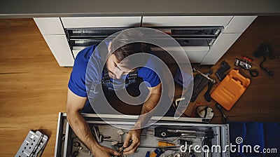 Capturing the Expertise of a Repairman Fixing a Dishwasher, Seen from a High Angle. Generative AI Stock Photo