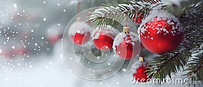Capturing Holiday Spirit Festive Red Balls on Snowy Fir Branches Stock Photo