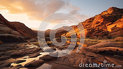 Capturing The Majestic Beauty Of A Desert River At Golden Hour Stock Photo