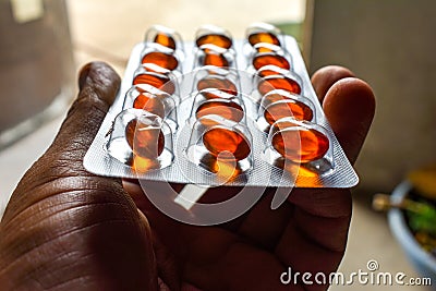 Close up of immunity booster omega capsules strips during Covid -19 pendemic. Stock Photo