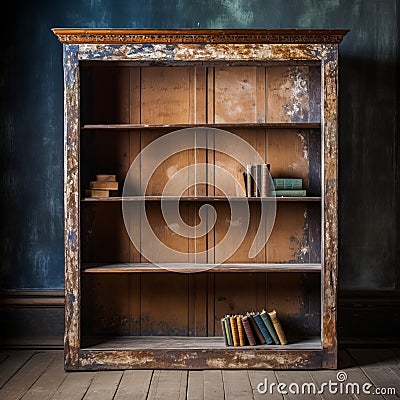 Capturing The Rustic Charm: A Weathered Wood Shelf In A Dark Room Stock Photo