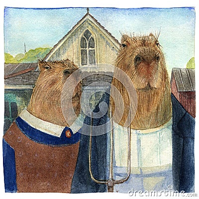 Capybara American Gothic Cartoon Illustration