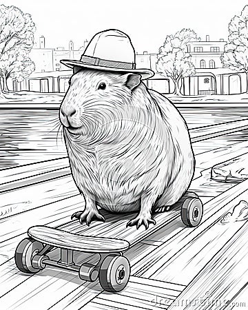 Capybara Coloring Book Page Generative AI Stock Photo