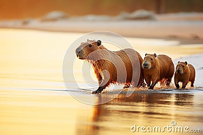 Capybara family on the beach Stock Photo