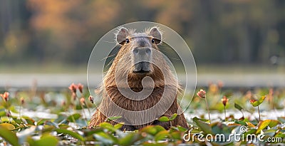 Capybara Grazing in Field of Yellow Flowers Stock Photo