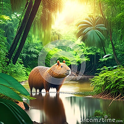 Capybara (Hydrochoerus hydrochaeris) in the jungle AI generated Stock Photo