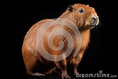 Capybara, hydrochoerus hydrochaeris, the largest house by the water with evening lighting during sunset. An orange evening with a Stock Photo