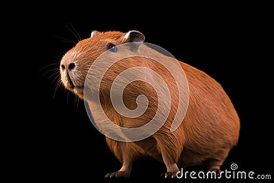 Capybara, hydrochoerus hydrochaeris, the largest house by the water with evening lighting during sunset. An orange evening with a Stock Photo