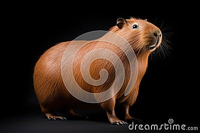 Capybara, hydrochoerus hydrochaeris, the largest house by the water with evening lighting during sunset. An orange evening with a Stock Photo