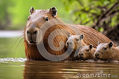 Capybara (Hydrochoerus hydrochaeris) mother with her three babies, A capybara family resting together on the Stock Photo