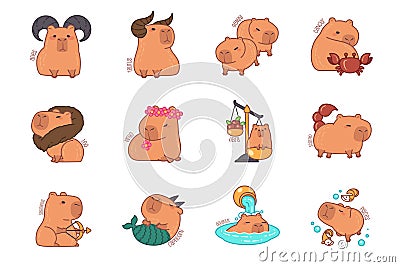 Capybara icon set zodiac signs astrology Vector Illustration