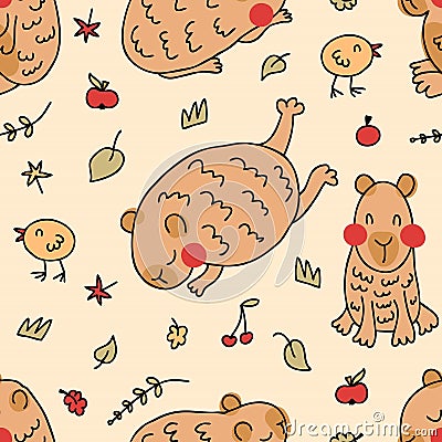Capybaras and chickens seamless pattern in hand drawn style. Perfect print for tee, paper, textile and fabric. Doodle vector Vector Illustration