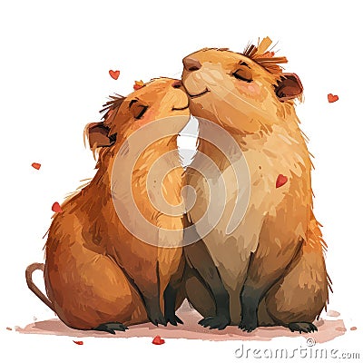Capybaras in love. illustration of two capibaras with hear. Print for card, poster Cartoon Illustration