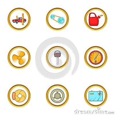 Car accessories icons set, cartoon style Vector Illustration