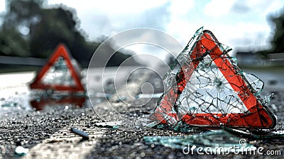 car accident with Broken road signs, shattered glass, twisted metal, isolated highway location Stock Photo