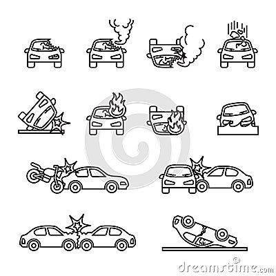 Car accident, Car crash related vector icon set. thin line style. Vector Illustration