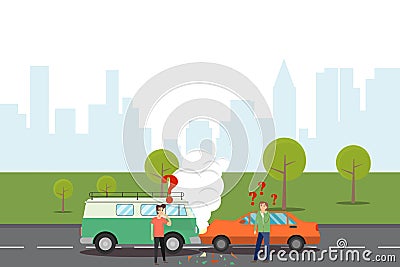 Car accident concept illustration. Two cars crashed on the road, suffered moderate damage. Car Accident on the road. Vector Illustration