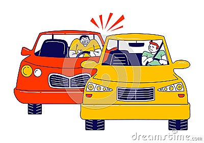 Car Accident or Conflict on Road, Drivers Arguing and Signaling Sitting at their Automobiles. City Traffic Situation Vector Illustration