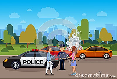 Car Accident Or Crash, Collision On Road With Male And Female Driver And Police Officer Vector Illustration