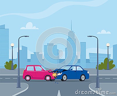 Car accident. Damaged transport on city street. Collision of two cars, side view. Road collisition. Damaged transport. Collision Vector Illustration