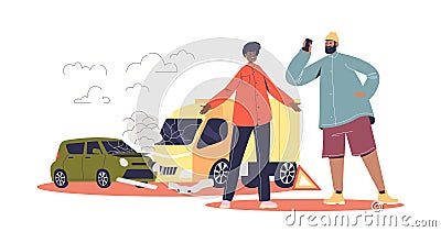 Car accident with drivers man and woman angry standing and broken vehicles Vector Illustration