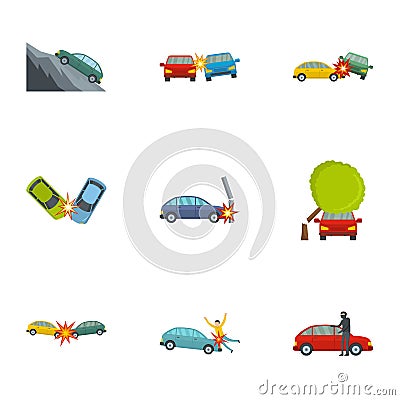 Car accident icons set, cartoon style Stock Photo