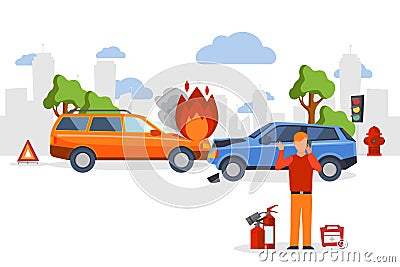Car accident insurance, road crash in flat cartoon style, man calling for emergency help, vector illustration Vector Illustration