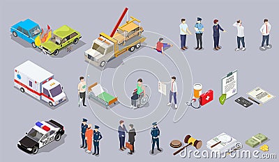 Car accident isometric vector set of icons Vector Illustration